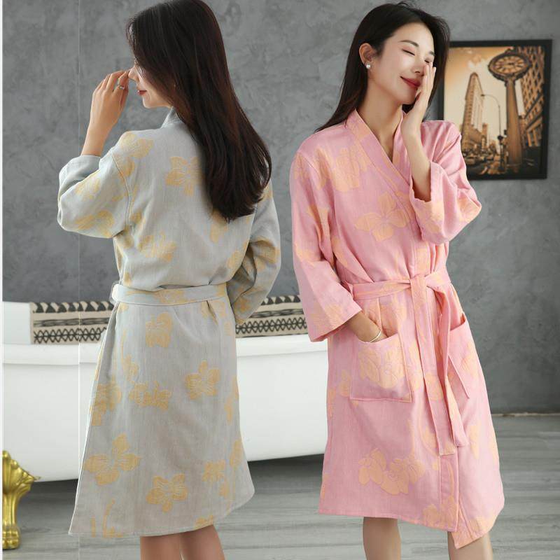 女款浴袍春夏秋薄款色织双层纱纯棉浴衣大码吸水速干睡袍情侣睡衣
