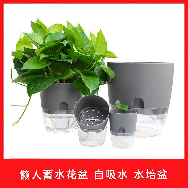 外贸花盆透明自吸水懒人塑料花盆 水培种植绿萝圆形储水蓄水套盆