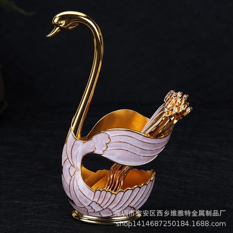 欧式咖啡勺水果勺子叉子套装家用摆件时尚水果可爱天鹅甜品勺餐具