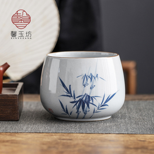 釉下彩手绘竹韵陶瓷茶渣缸复古泡茶废水缸功夫茶具茶洗茶桌水盂