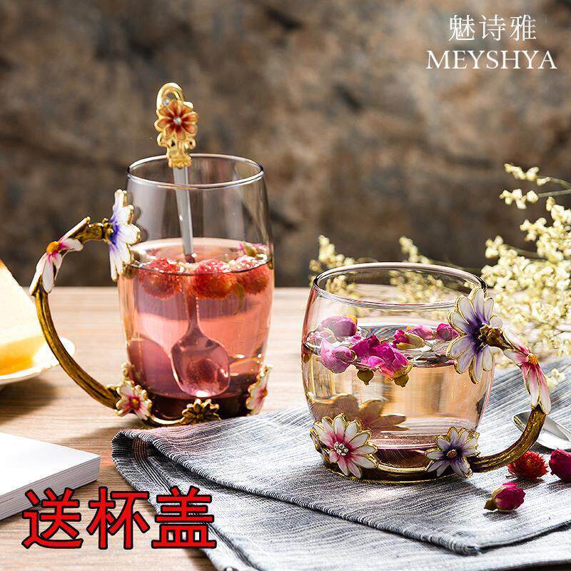 魅诗雅创意礼品珐琅彩高档水杯水晶耐热玻璃杯花茶杯咖啡果汁情侣