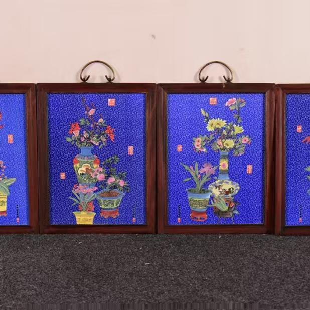 郎世宁作品红木镶瓷板画粉彩博古图挂屏高36厘米宽29景德镇瓷板画