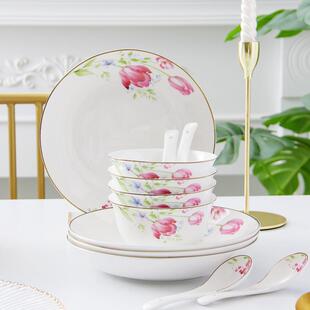 12头骨瓷餐具套装轻奢碗盘家用可微波碗盘碟组合套具乔迁送礼盒