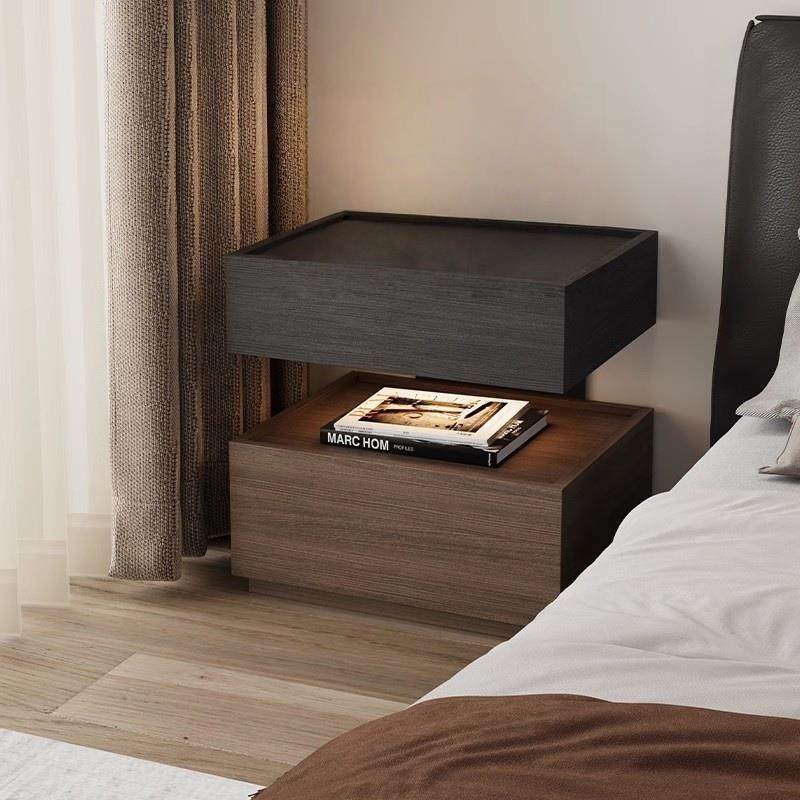 意式极简实木床头柜带灯一体悬浮式床边柜轻奢高级感主卧室收纳柜