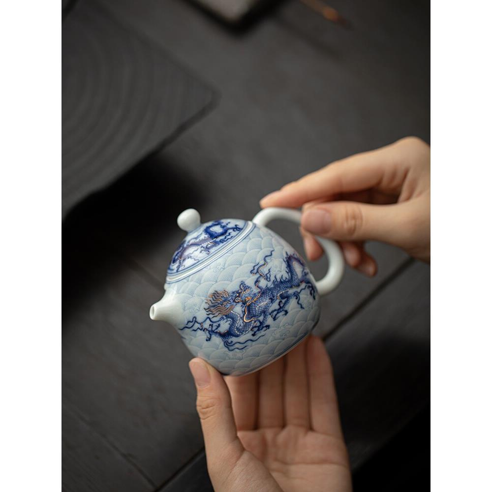 金银错龙纹龙蛋壶陶瓷茶壶单壶高档功夫茶具覆古家用泡茶壶小容量