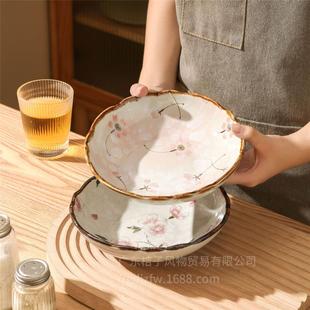 日式 菜汤盘子圆形ins风釉下彩餐具 8寸新款 创意双耳家用陶瓷深盘装