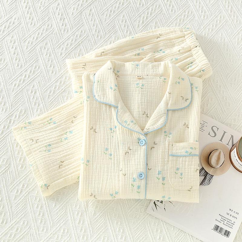 日系田园碎花女士春秋季纯棉睡衣长袖薄款双层纱布家居服套装外穿