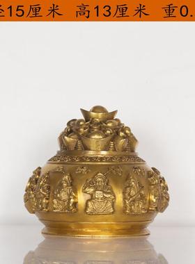 纯黄铜带盖开盖聚宝盆摆件五路财神聚宝盆大小号家居礼品风水装饰