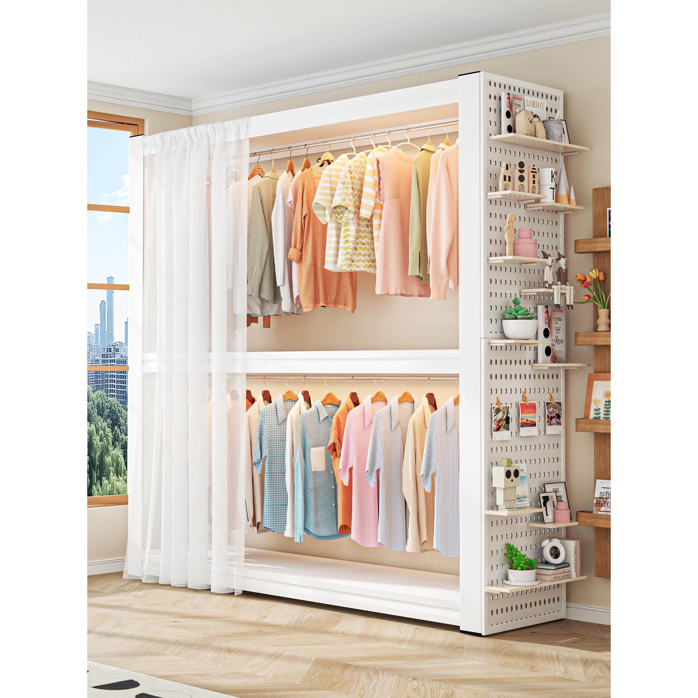 开放式双层挂衣架儿童防尘衣帽架简易角钢货架衣柜家用组装置物架