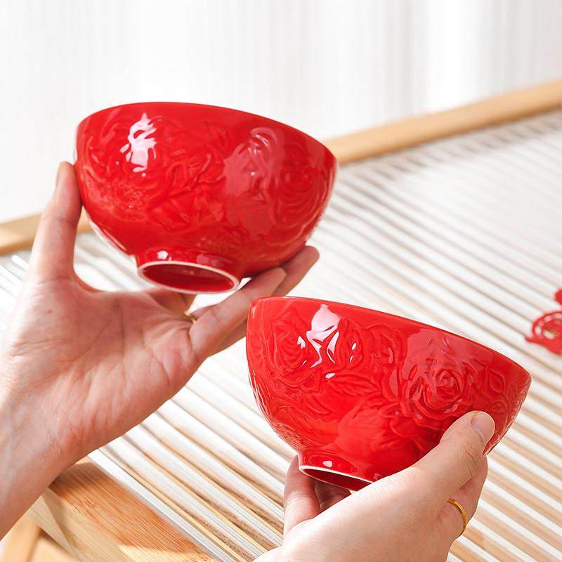宫廷风浮雕玫瑰红色喜碗陶瓷对碗套装结婚一对碗礼品陪嫁女方用品,节庆用品/礼品,喜碗/敬茶杯,淘宝优惠券,粉丝福利购,淘宝优惠卷