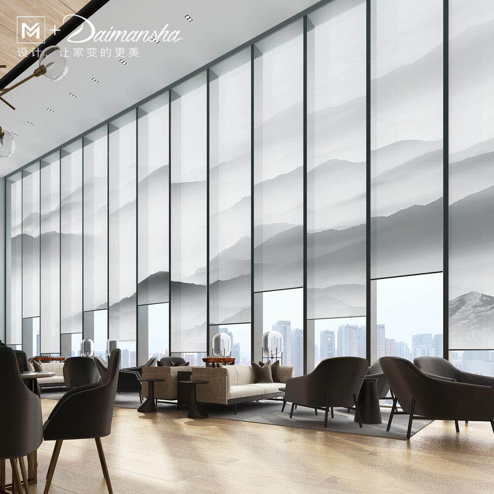 现代办公室电动升降窗帘新中式隔断窗手动遮阳帘定制手拉遮光卷帘