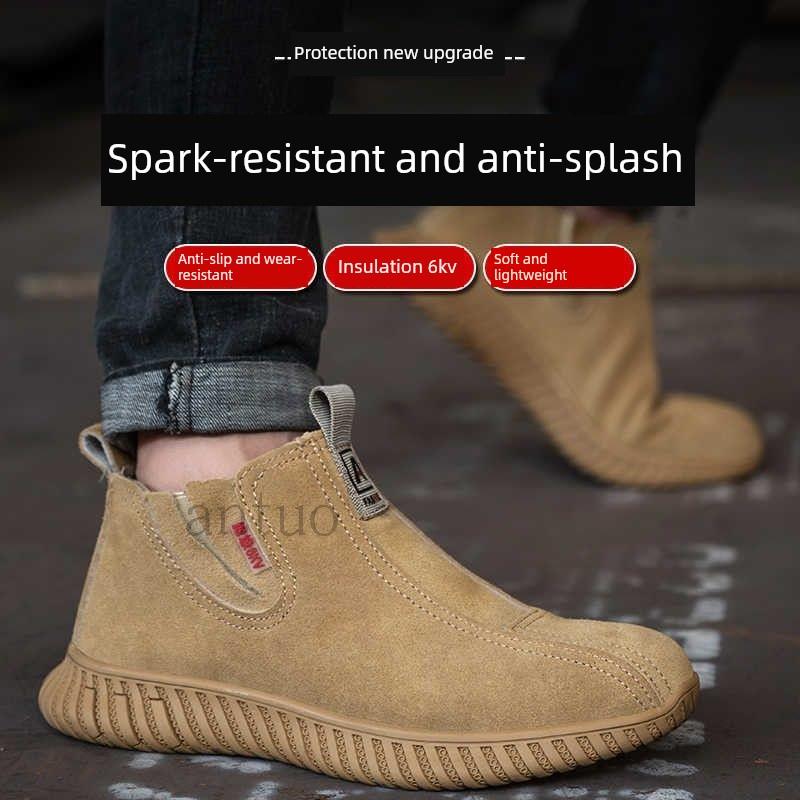 电工绝缘劳保鞋男一脚蹬无钢头软底轻便防滑牛皮耐火花防烫焊工鞋