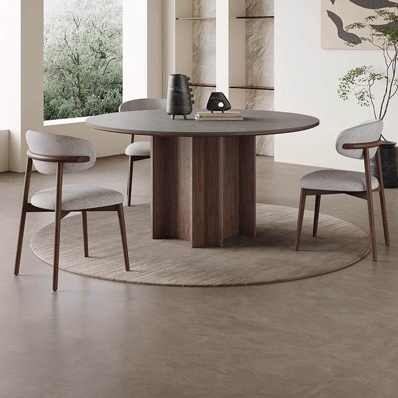 橡木岩板圆桌餐桌椅现代极简圆形餐桌设计师圆餐桌黑色饭桌家用