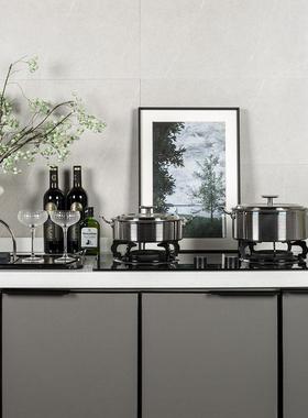 现代轻奢样板间厨房摆件橱柜展厅软装饰品花艺不锈钢锅具套装组合