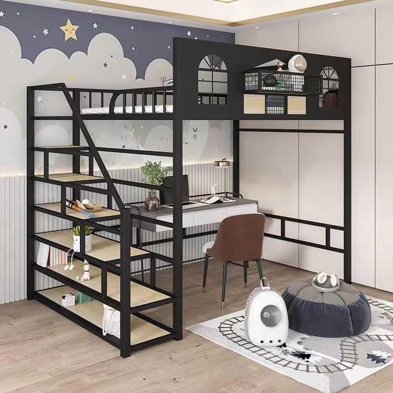 省空间小户型梯柜床阁楼床公寓床二楼床高架床上床下桌书架铁艺床
