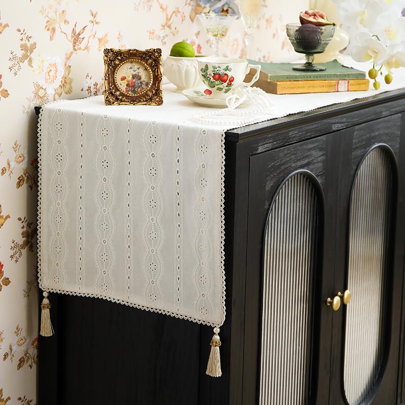 法式蕾丝桌旗米色绣花茶几布现代简约电视柜桌布高级边柜台布床旗