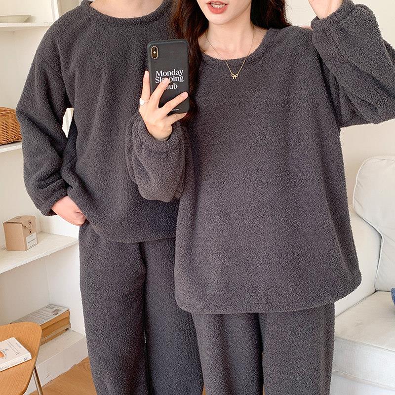 情侣睡衣秋冬季半边绒女加肥大码200斤男士冬款加厚珊瑚绒家居服