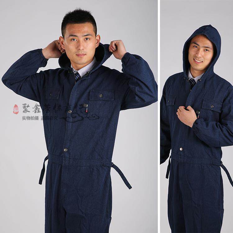 牛仔布连身工作服电焊服喷砂服喷漆防尘工装劳保服男机修连帽T/C