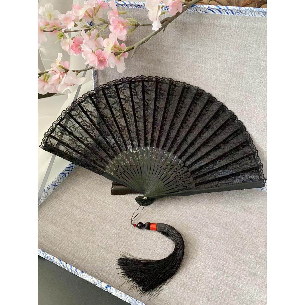 黑色蕾丝扇子女士小折扇古风复古典折叠中国风搭配旗袍跳舞蹈纯色