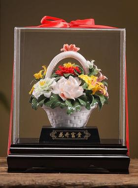 德化陶瓷花篮摆件手工瓷花富贵牡丹家居客厅办公室装饰品乔迁礼品