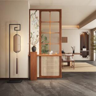 新中式屏风隔断客厅实木入户遮挡玻璃藤编镂空玄关办公室正对门