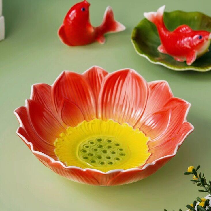 中式陶瓷莲花盘水果盘高级感浮雕花形盘大号果盆果篓家用汤盘盘子