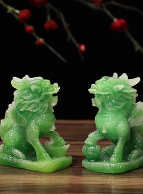 新款天然玉石招财小麒麟摆件 家居办公室桌面装饰树脂工艺品摆件.
