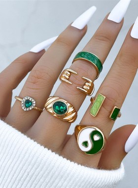 Fashion retro love green Tai Chi diamond opening ring 6 sets