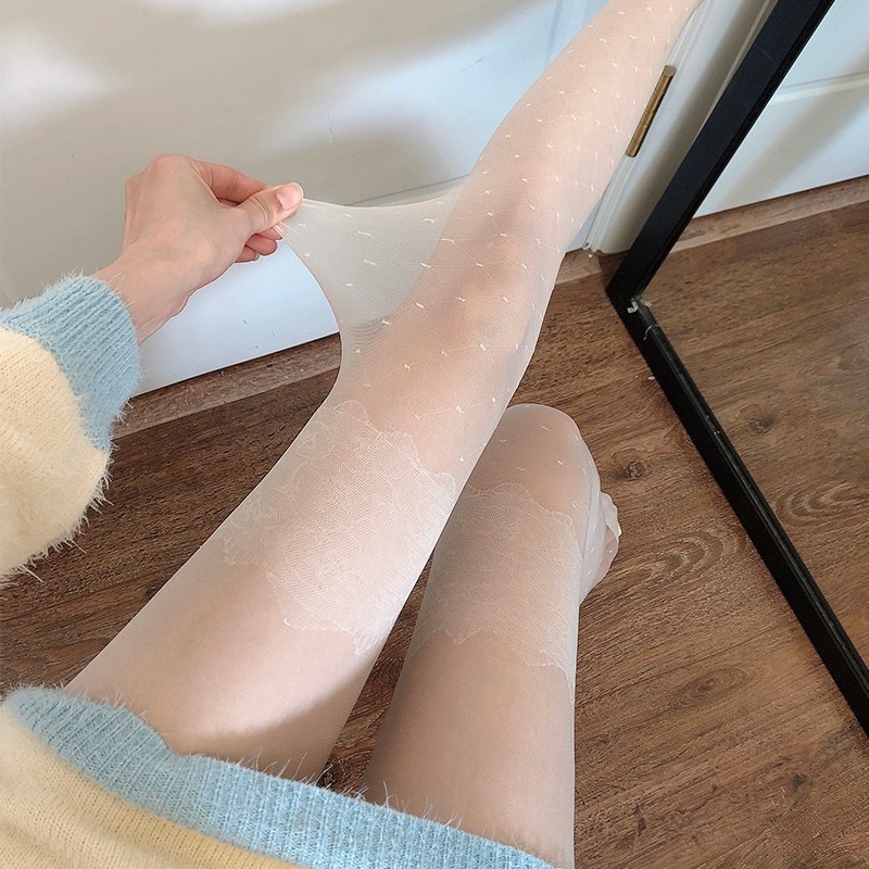日系春夏超薄白色丝袜jk防勾丝提花丝袜透肉蕾丝连裤袜性感黑丝袜
