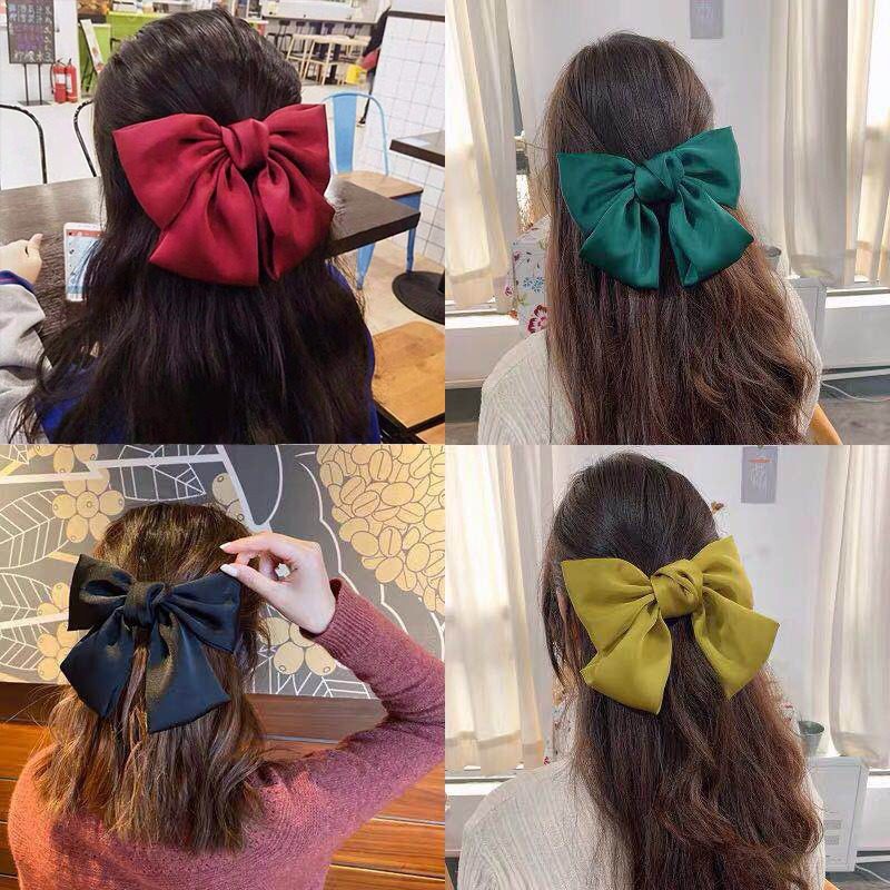 Vintage Big Hair Bow Ties Cute Hair Clips Satin Two Layer Bu