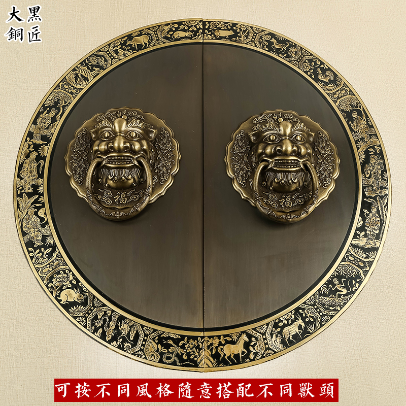仿古大门纯铜兽头门环老式木门拉手狮头把手复古圆形拉环锁扣插销