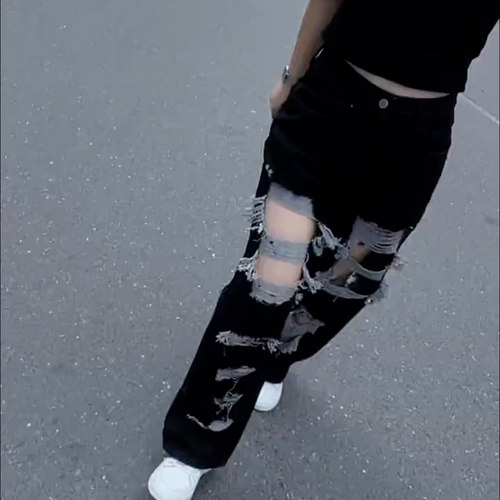 黑色高街辣妹破洞牛仔乞丐裤