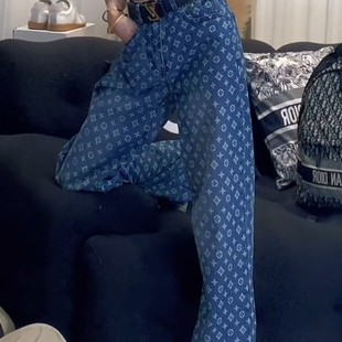 韩版复古老花印花牛仔裤2025夏高腰显瘦阔腿裤水洗棉垂感拖地裤女