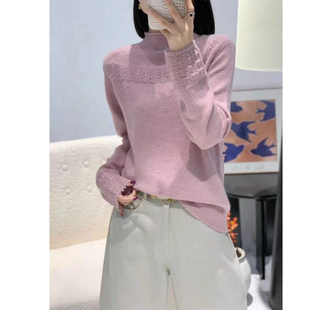 钩花纯色烫钻半高领2026秋季针织衫打底衫女款休闲风套头长袖毛衣