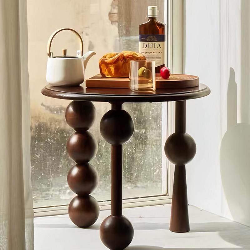 法式覆中古胡桃实木小茶几客厅家俱沙发边几阳台移动圆桌床头柜子