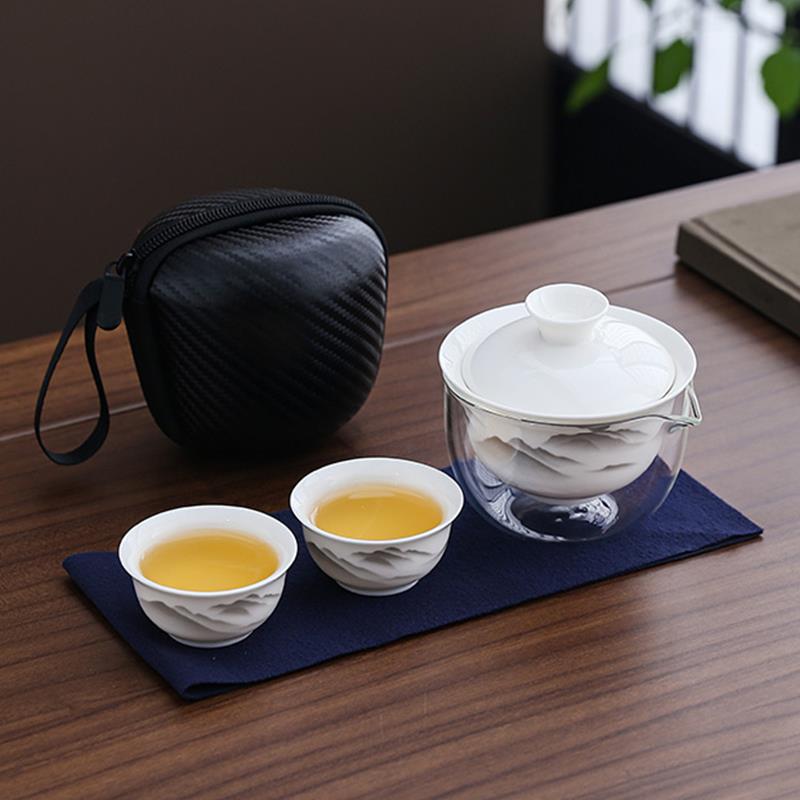 羊脂玉瓷一壶两杯江山可携式旅行茶具户外快客杯高颜值国潮泡茶杯