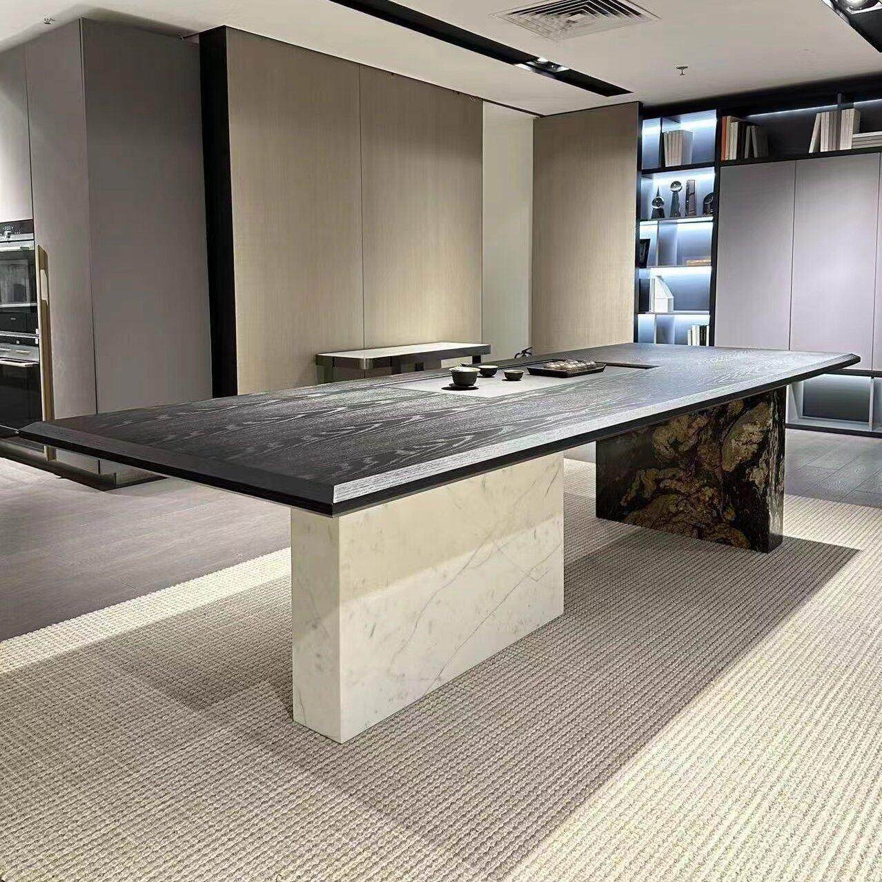 新中式实木茶桌椅组合高端轻奢岩板茶台大阪办公室别墅会所泡茶桌