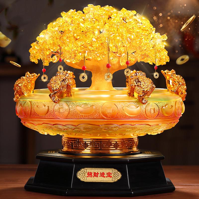 招财黄水晶发财树摆件摇钱树聚宝盆办公室前台装饰品乔迁开业礼品