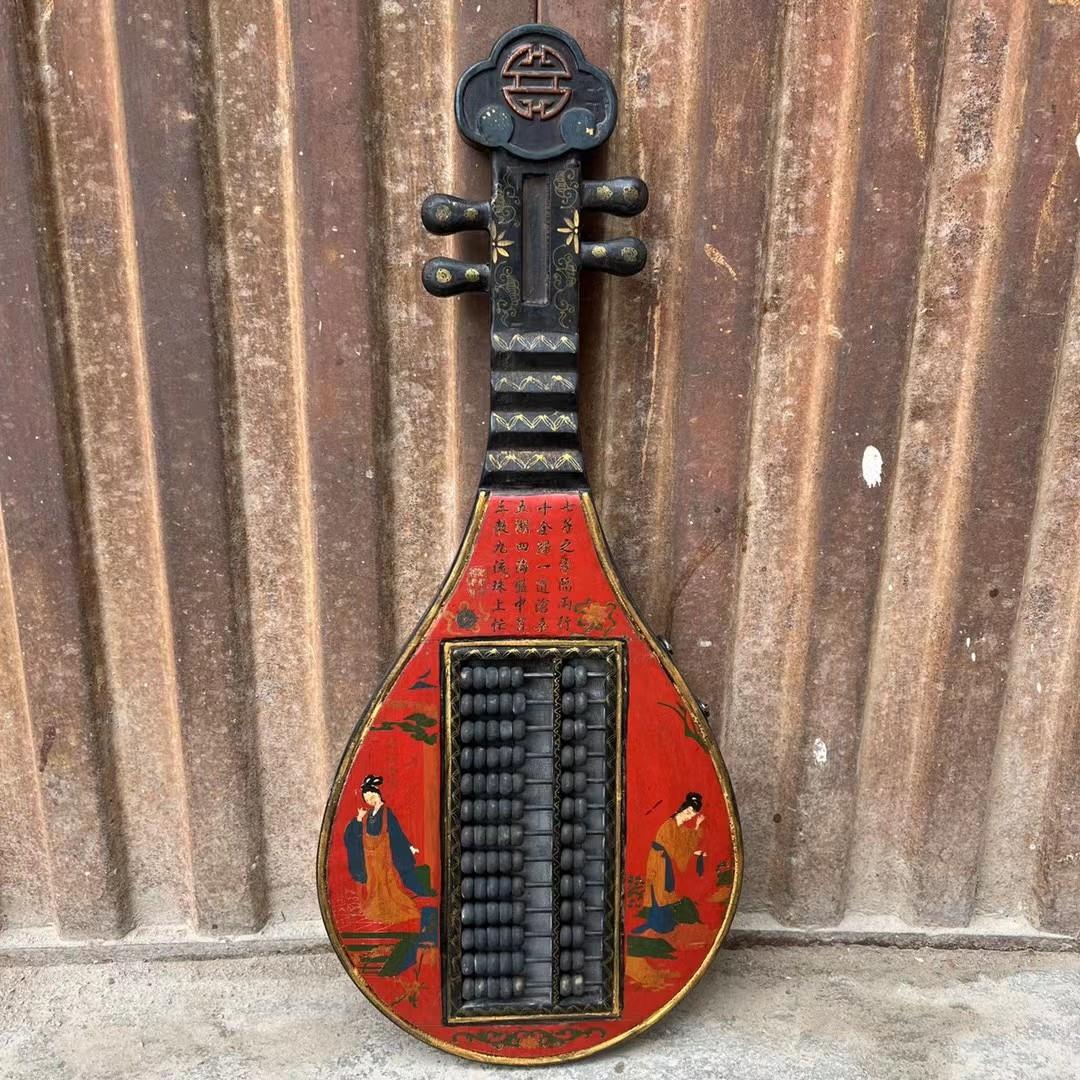 实木雕刻八方来财算盘摆件旧藏木胎漆器彩绘琵琶寿星图案挂屏算盘