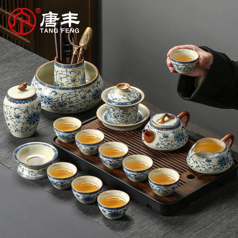 景德镇汝窑唐丰2025新款青花汝窑功夫茶具套组家用轻奢高档一套高