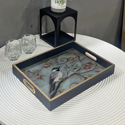 欧式复古木质带玻璃面托盘家用餐具防水茶盘客厅点心收纳盘摆件