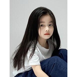 儿童假发女长发可爱公主中分长直发自然齐刘海萌娃拍照彷真全头套