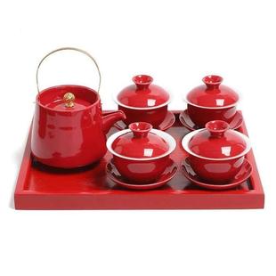 茶具婚庆敬四个茶碗新人陪嫁敬喜事茶壶茶杯红色装 结婚改口套装 敬