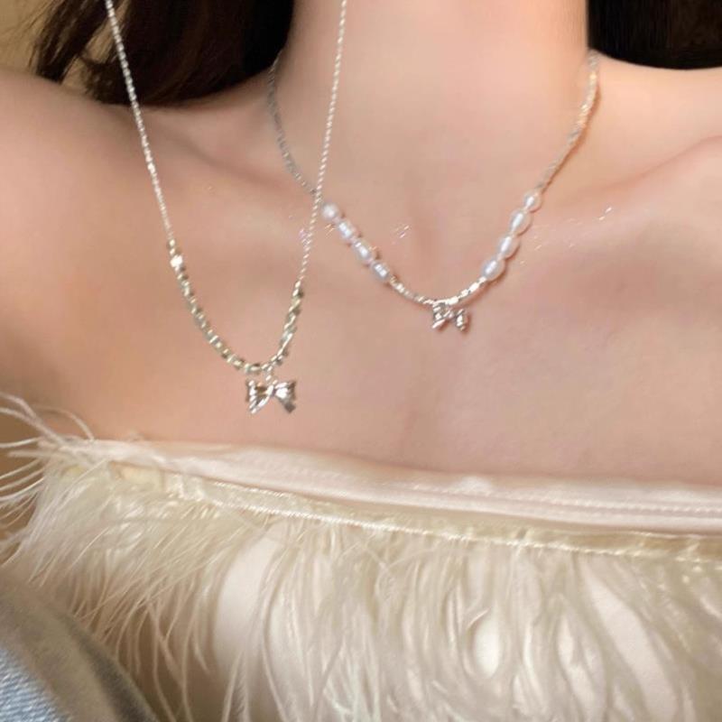 甜系少女碎银子金属淡水珍珠蝴蝶结甜美项链轻奢小众礼物女