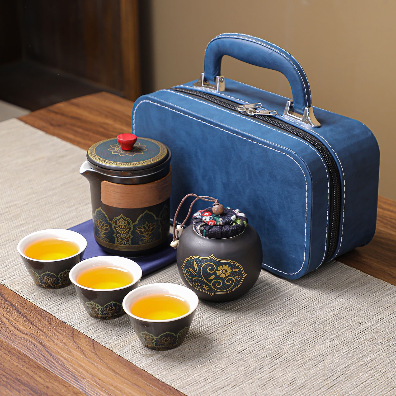 蓝皮包古韵国潮旅行茶具