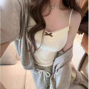 蝴蝶结花边小吊带带胸垫内搭修身美背甜辣妹无袖内外穿打底上衣女