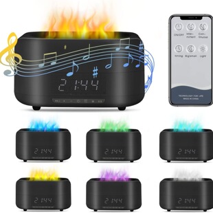 新款仿真火焰香薰加湿器蓝牙音箱创意氛围灯数显时钟礼品礼物