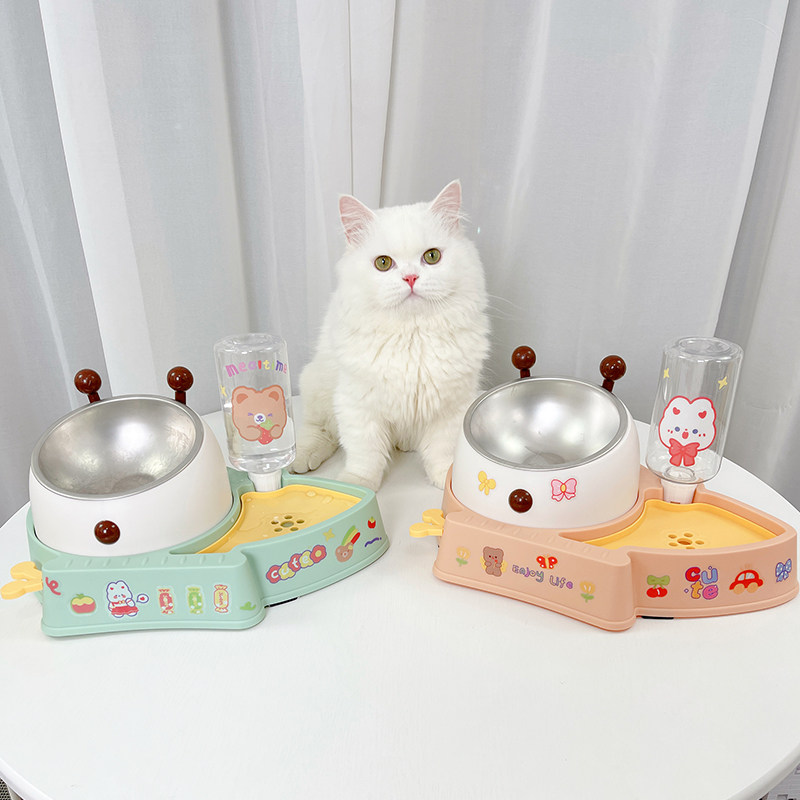 热销狗狗慢食碗猫咪饭碗不湿嘴水碗狗盆喝水一体粮碗双碗自动饮水
