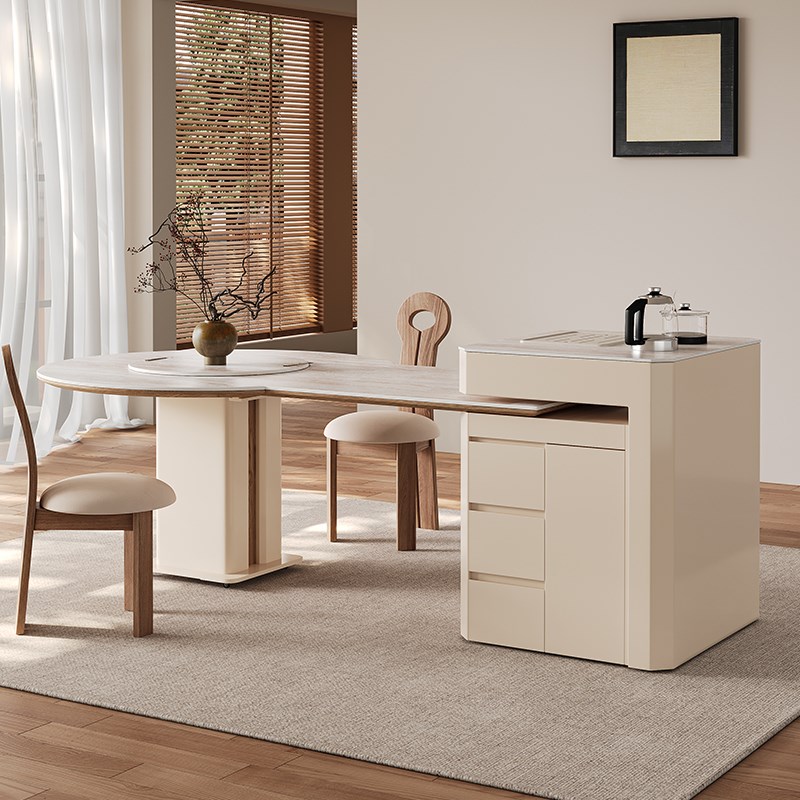 热销法式中古风洞石岩板方圆两用岛台餐桌一体可伸缩家用大小户型