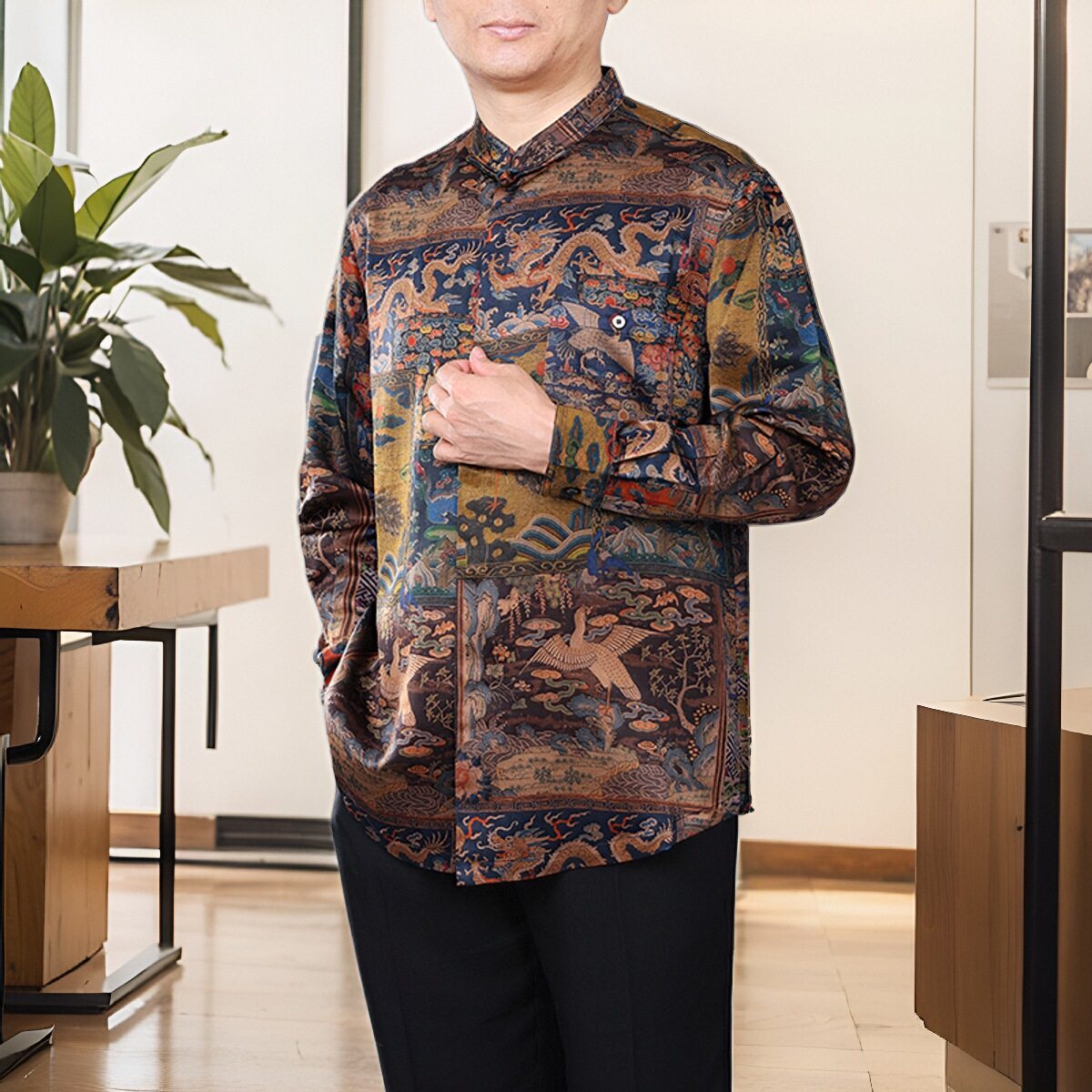 百福龙男士唐装中国风立领衬衫